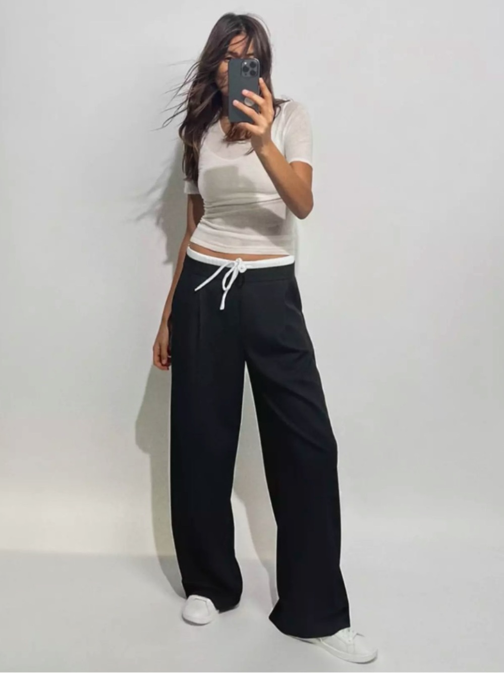 NWOT ZARA BLOGGER FAVORITES Navy Wide-Leg Double-Waist Pants Drawstring Waist